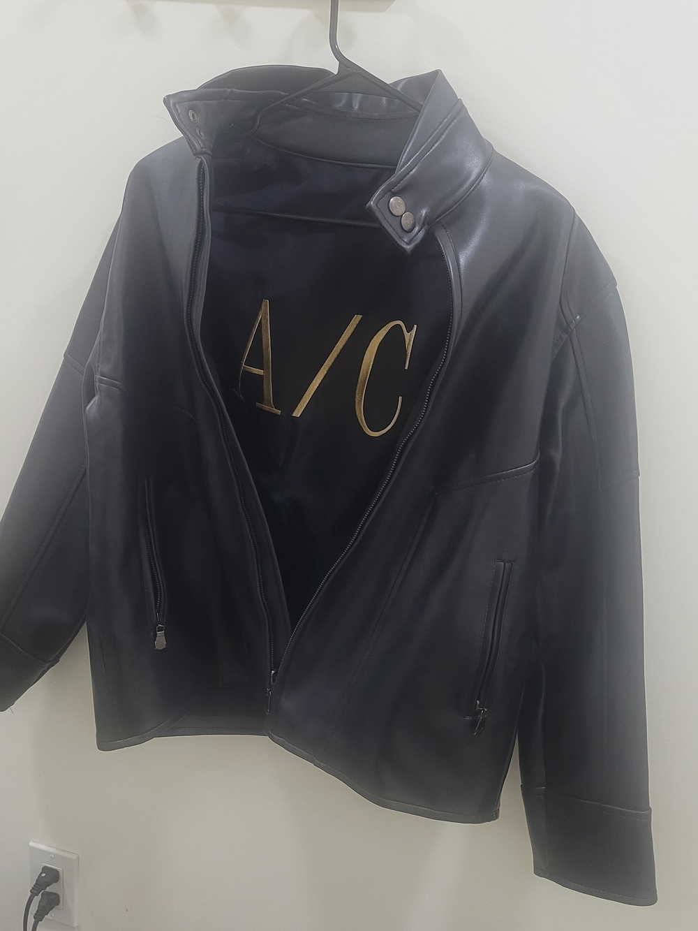 A/C Black Genuine Leather Moto Jacket with Snap Collar Armani Exchange Excellent